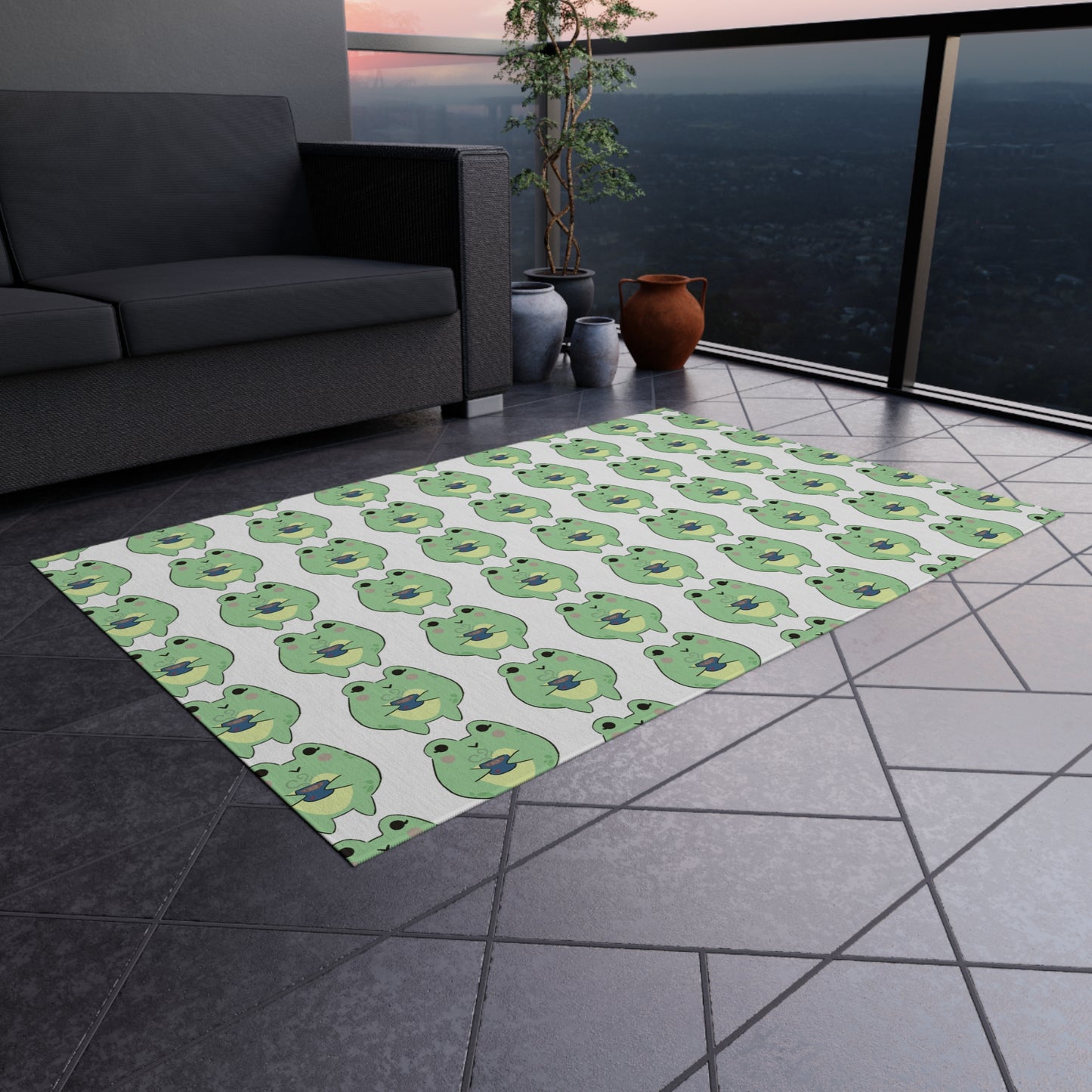 Cozy Cuppa Frog Outdoor Rug